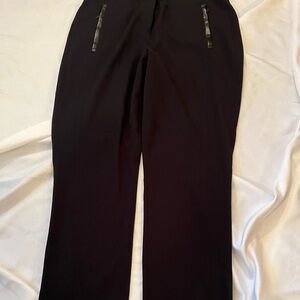 Straight leg black dress pants with faux leather accents